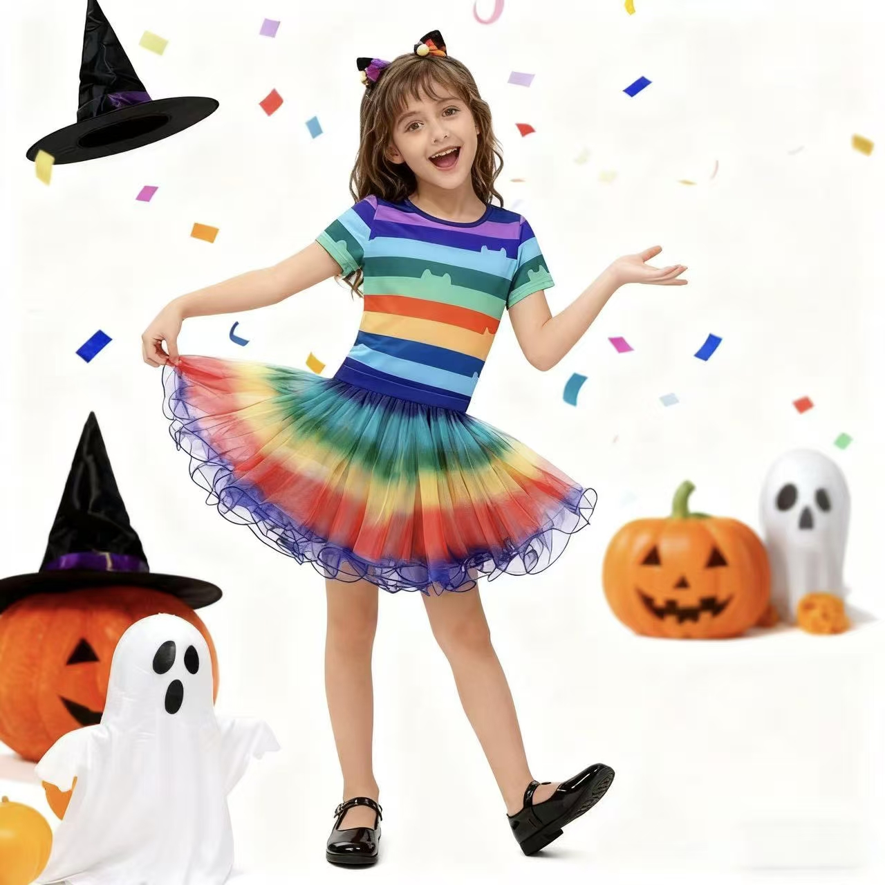 Summer Kids Clothing - Girls Rainbow Striped T-Shirt Tutu Skirt