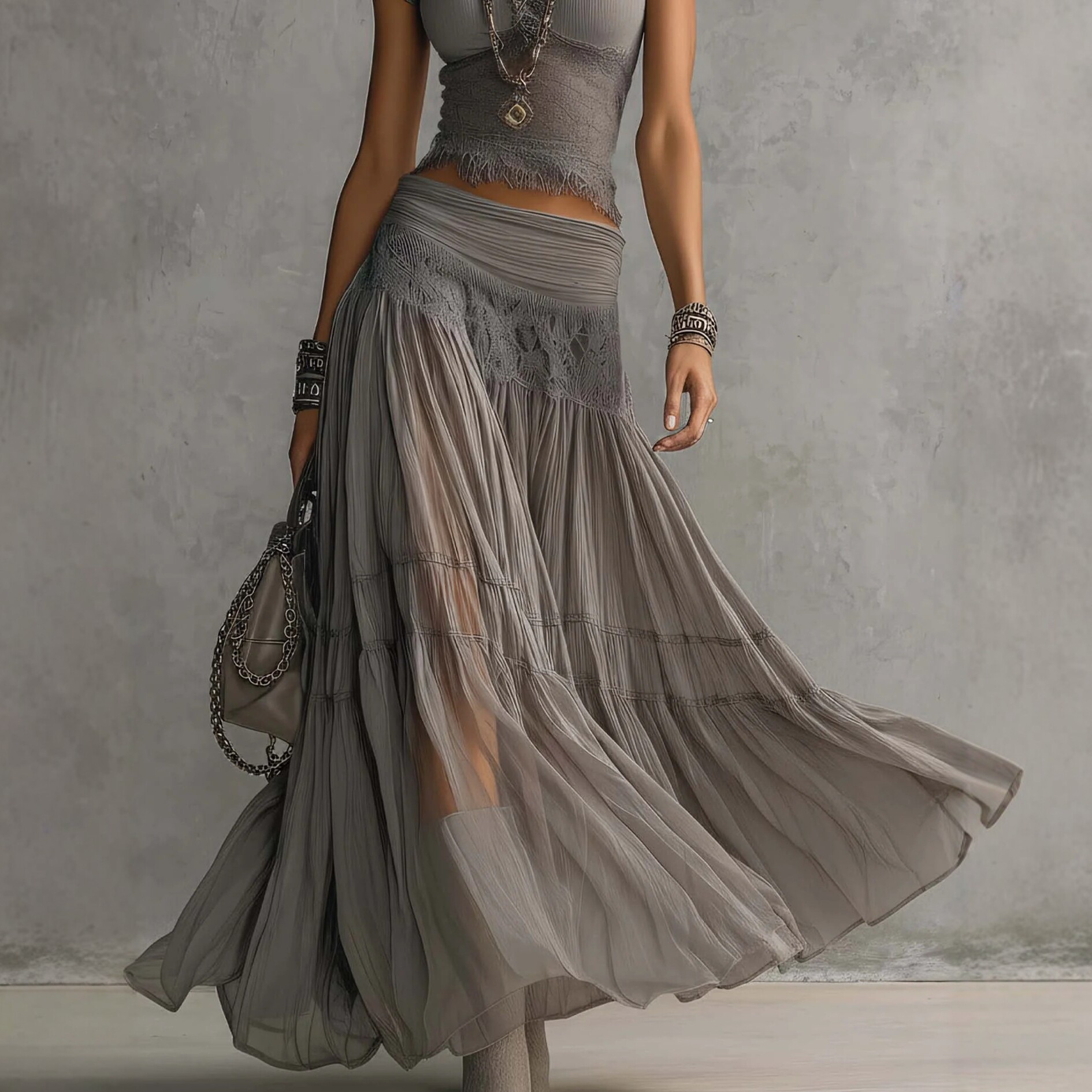 2026 Gray Knitted Top + Chiffo - Summer Clothing Y2K ulasan dan harga