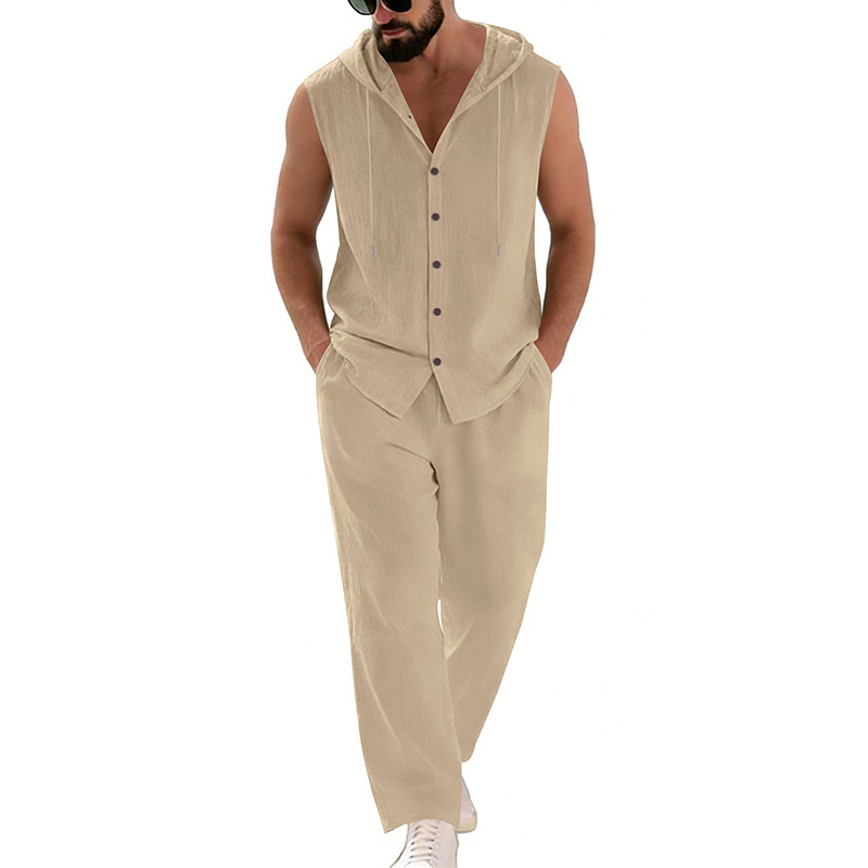 Men's Casual Linen Suit Hooded - Summer Clothing Men ulasan dan harga